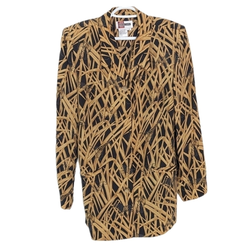 Vintage Simon Chang safary elephant giraffe print rayone jacket blouse size 12